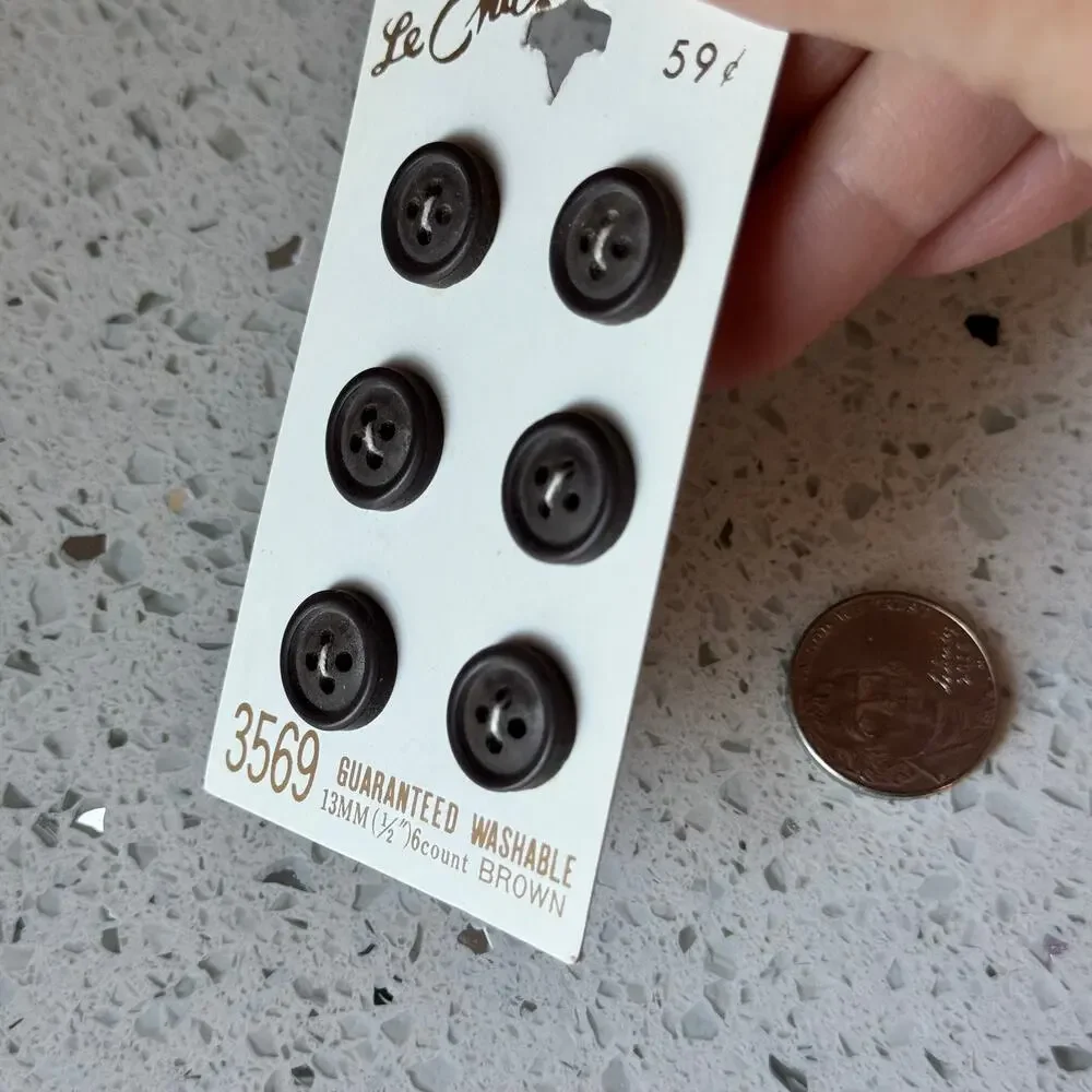 6 NEW on card Vintage 80s Dark Brown Round Flat 4 Hole Buttons 1/2